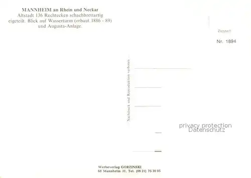 AK / Ansichtskarte Mannheim_Rhein Altstadt mit Wasserturm und Augusta Anlage Fliegeraufnahme 