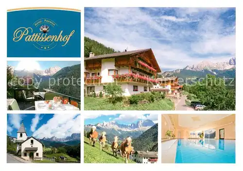 AK / Ansichtskarte Tiers_Tires Hotel Pension Pattissenhof Terrasse Hallenbad Kirche 