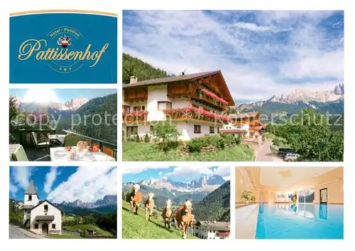 AK / Ansichtskarte Tiers_Tires Hotel Pension Pattissenhof Terrasse Kirche Ponys Hallenbad 