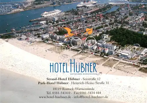 AK / Ansichtskarte Rostock Warnemuende Strand und Park Hotel Huebner Fliegeraufnahme Rostock Warnemuende