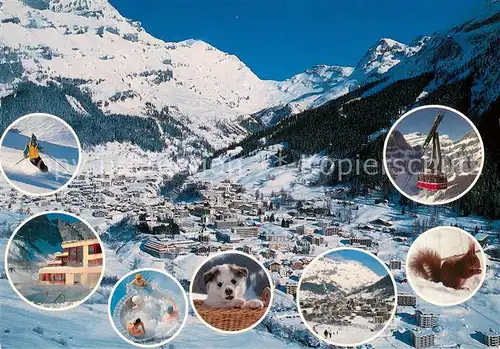 AK / Ansichtskarte Leukerbad Winterpanorama Wintersportplatz Bergbahn Thermalbad Eichhoernchen Hund Leukerbad