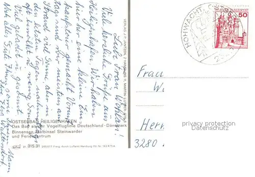 AK / Ansichtskarte Heiligenhafen_Ostseebad Binnensee Halbinsel Steinwarder Ferienzentrum Das Bad an der Vogelfluglinie Deutschland Daenemark Fliegeraufnahme Heiligenhafen_Ostseebad