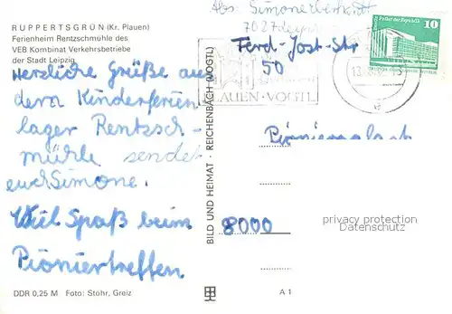 AK / Ansichtskarte Ruppertsgruen_Poehl_Vogtland Ferienzentrum Rentzschmuehle des VEB Kombinat Verkehrsbetriebe der Stadt Leipzig Ruppertsgruen_Poehl
