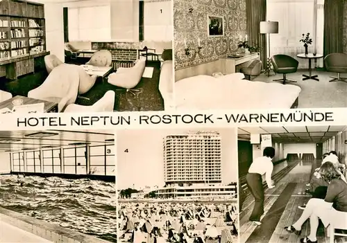 AK / Ansichtskarte Warnemuende_Ostseebad Hotel Neptun Bibliothek mit Kamin Franzoesisches Zimmer Meeresbrandungsbad Kegelbahn Warnemuende_Ostseebad