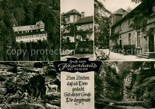 AK / Ansichtskarte Sehlde_Salzgitter Jaegerhaus im Hainberg Hubertuskapelle Felsen Skulpturen Poesie Sehlde Salzgitter