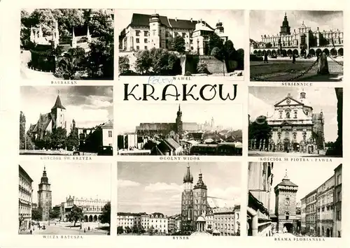 AK / Ansichtskarte Krakow_Krakau Barbakan Wawel Sukiennice Kosciol Sw Krzyza Ogolny Widok Kosciol S Piotea Pawea Wieza Batusza Rynek Brama Florianska Krakow Krakau