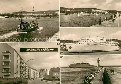 AK / Ansichtskarte Sassnitz_Ostseebad_Ruegen Hafen Fischkutter Faehrschiff Sassnitz Schwedenfaehrschiff Skane Mole Leuchtturm Sassnitz_Ostseebad_Ruegen