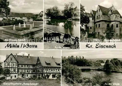 AK / Ansichtskarte Mihla Wasserspiele Graues Schloss Partie an der Werra Pferdekoppel Pflegeheim Rotes Schloss Mihla