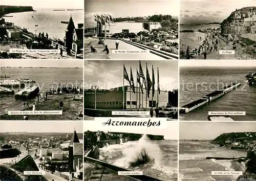 AK / Ansichtskarte Arromanches les Bains Vue generale Plage Musee Epaves et Digue du Port de debarquement Brise lames du port artificiel Ville et Falaises Grandes marees Arromanches les Bains