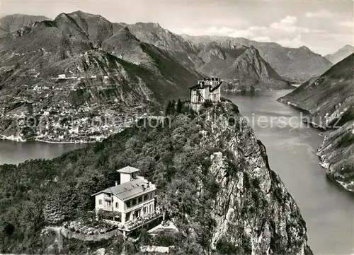 AK / Ansichtskarte Lugano_TI Monte San Salvatore Hotel Vetta e Chiesa Lago di Lugano veduta aerea Lugano_TI
