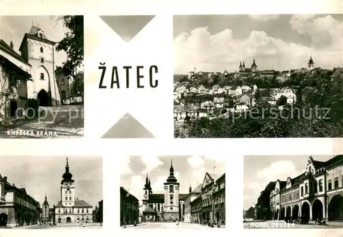 AK / Ansichtskarte Zatec Knezska Brana Hotel Druzsa Stadtpanorama Innenstadt Rathaus Kirche zatec