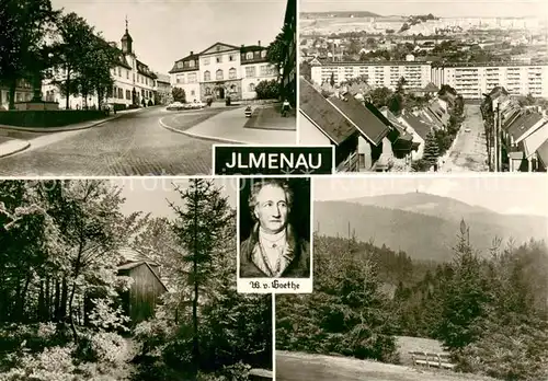 Ilmenau_Thueringen Blick zum Rathaus Stadtpanorama Goethehaeuschen auf dem Kickelhahn Portrait Johann Wolfgang von Goethe Ilmenau Thueringen