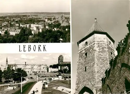 AK / Ansichtskarte Lebork Stadtpanorama Friedensplatz Gotischer Efeuturm Lebork
