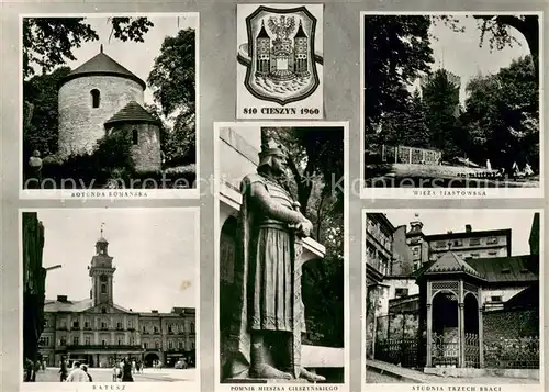AK / Ansichtskarte Cieszyn Turm Rathaus Statue Denkmal Brunnen Wappen Cieszyn