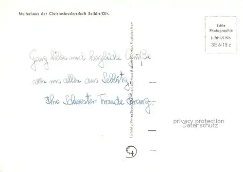 AK / Ansichtskarte Selbitz_Oberfranken Mutterhaus der Christusbruderschaft Fliegeraufnahme Selbitz Oberfranken