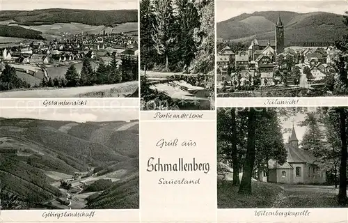 AK / Ansichtskarte Schmallenberg Gesamtansicht Panorama Gebirgslandschaft Partie an der Lenne Ortsansicht mit Kirche Wilzenbergkapelle Schmallenberg
