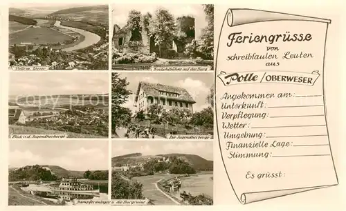 Polle Panorama Blick ins Wesertal Freilichtbuehne auf der Burg Jugendherberge Dampferanleger Burgruine Polle