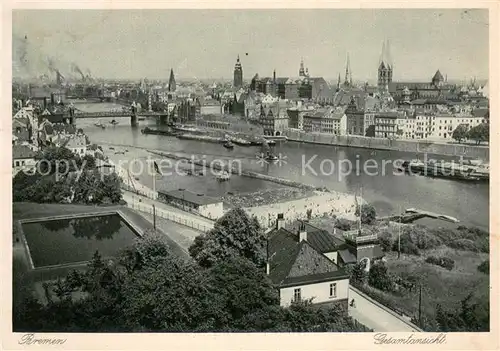 Bremen Stadtpanorama mit Blick ueber die Weser Kupfertiefdruck Bremen