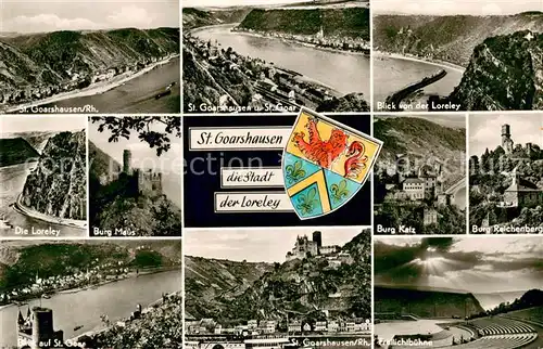 St_Goarshausen Panorama Blick von der Loreley Burg Maus Burg Katz Burg Reichenbach St Goar Freilichtbuehne St_Goarshausen