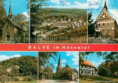 AK / Ansichtskarte Balve Panorama Hoennetal Kapelle Glockenspiel Balver Hoehle Kirche Museum Balve