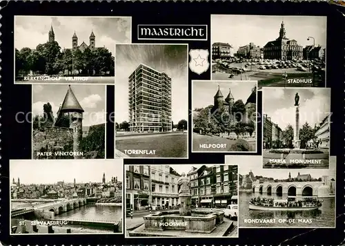 AK / Ansichtskarte Maastricht Kerkengroep Vrijthof Pater Vinktoren St. Servaasbrug Torenflat  t Mooswief Helpoort Stadhuis Maria Monument Rondvaar op de Maas Maastricht
