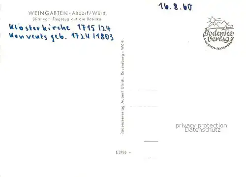 AK / Ansichtskarte Altdorf_Weingarten Basilika Fliegeraufnahme Altdorf Weingarten