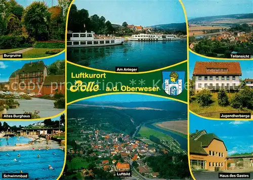 AK / Ansichtskarte Polle_Oberweser Burgruine Am Anleger Teilansicht Altes Burghaus Jugendherberge Schwimmbad Fliegeraufnahme Haus des Gastes Polle_Oberweser