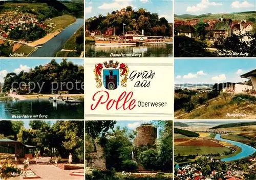 AK / Ansichtskarte Polle_Oberweser Fliegeraufnahmen Burg Bungalows Weserdampfer Teilansicht Minigolf Anlage  Polle_Oberweser