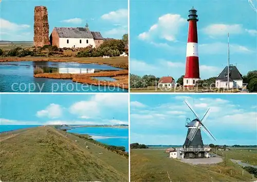 AK / Ansichtskarte Pellworm Kirche Leuchtturm Damm Windmuehle Pellworm
