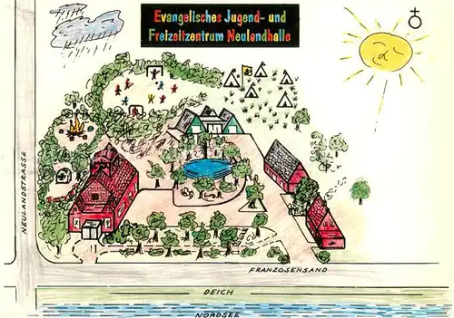 AK / Ansichtskarte Friedrichskoog_Nordseebad Ev Jugend und Freizeitzentrum Neulandhalle Illustration Friedrichskoog_Nordseebad