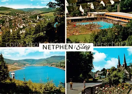 AK / Ansichtskarte Netphen Panorama Hallen und Freibad Obernau Talsperre Kath Kirche Netphen