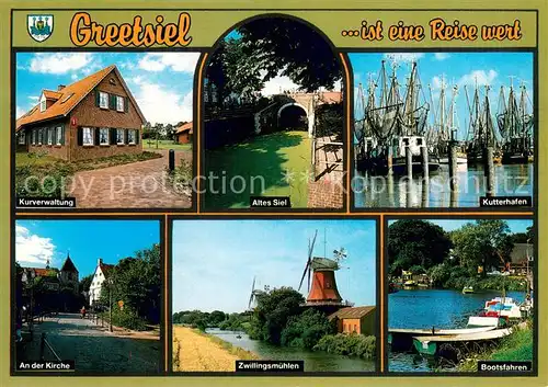 AK / Ansichtskarte Greetsiel Kurverwaltung Altes Siel Kutterhafen An der Kirche Zwillingsmuehlen Bootspartie Greetsiel