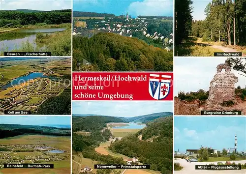 AK / Ansichtskarte Hermeskeil Fischerhuette Kell am See Reinsfeld Fliegeraufnahme Nonnweiler Primstalsperre Hochwald Burgruine Grimburg Abtei Flugausstellung Hermeskeil