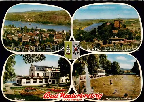 AK / Ansichtskarte Bad_Niederbreisig Panorama Burg Rheineck mit Seilbahn und Restaurant Kurhaus Thermalschwimmbad Bad_Niederbreisig