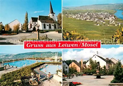 AK / Ansichtskarte Leiwen_Mosel Kirche Fliegeraufnahme Freibad Dorfplatz mit Brunnen Leiwen Mosel