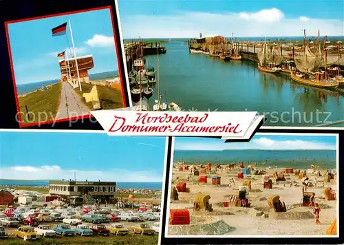 AK / Ansichtskarte Dornumer_Accumersiel Promenade Damm Fischerhafen Fischkutter Strand Dornumer Accumersiel