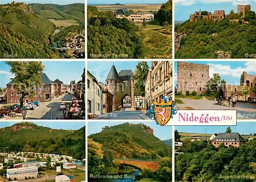 AK / Ansichtskarte Nideggen_Eifel Panorama Naturpark Nordeifel Rurtal Haus der Familie Burg Markt Duerener Tor Burghof Campingplatz Rurbruecke Jugendherberge Nideggen Eifel