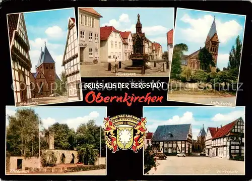 AK / Ansichtskarte Obernkirchen Kirchen Marktplatz Ehrenmal Fachwerkhaeuser Wappen Obernkirchen