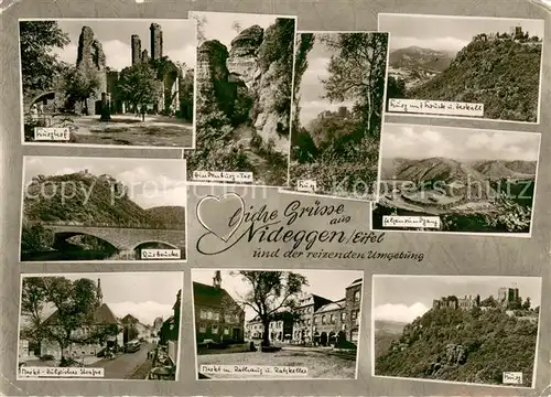 AK / Ansichtskarte Nideggen_Eifel Burgruine Markt Rathaus Ratskeller Zuelpicher Strasse Rurbruecke Landschaftspanorama Nideggen Eifel