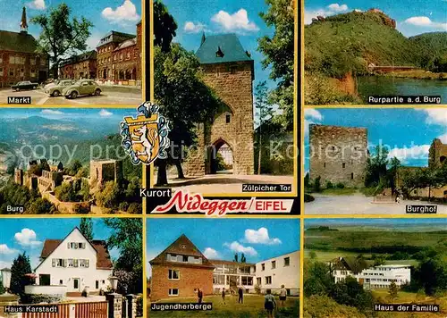 AK / Ansichtskarte Nideggen_Eifel Markt Zuelpicher Tor Partie an der Rur Burg Burghof Ruine Jugendherberge Haus der Familie Nideggen Eifel