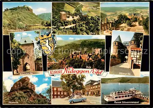 AK / Ansichtskarte Nideggen_Eifel Partie an der Rur Burg Burghof Duerener Tor Zuelpicher Tor Felsen Markt Rursee Schwammenauel Faehre Nideggen Eifel