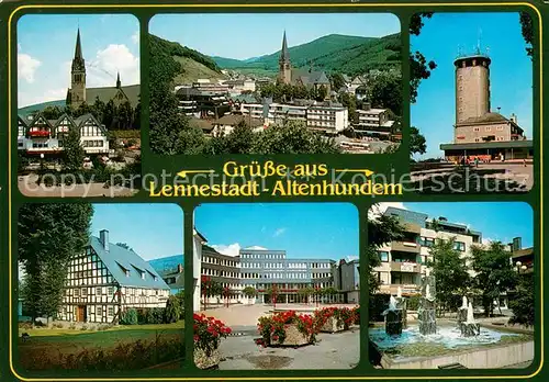 AK / Ansichtskarte Altenhundem Ortsansicht mit Kirche Hohe Bracht Aussichtsturm Fachwerkhaus Gebaeude Innenstadt Brunnen Altenhundem