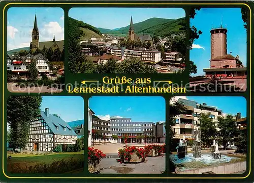AK / Ansichtskarte Altenhundem Ortsansicht mit Kirche Hohe Bracht Aussichtsturm Fachwerkhaus Gebaeude Innenstadt Brunnen Altenhundem