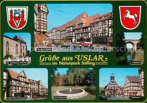 AK / Ansichtskarte Uslar_Solling St. Johannis Kirche Lange Strasse Altstadt Fachwerkhaeuser Viadukt Hotel Menzhausen Schlosspark Rathaus Wappen Uslar_Solling