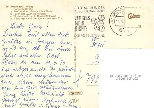 AK / Ansichtskarte Frankenthal_Pfalz Speyerer Strasse Posthotel am Bahnhof Nachtaufnahme Parkhotel Zum Kurfuersten Wochenmarkt 12 Apostel Kirche Rathausplatz  Wormser Tor Frankenthal Pfalz