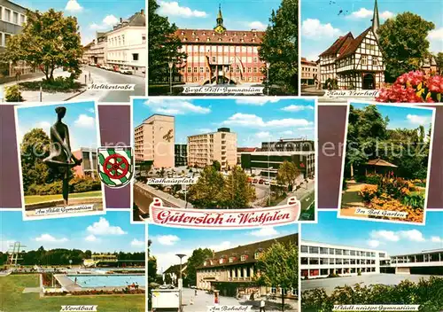 AK / Ansichtskarte Guetersloh Motive Innenstadt Gymnasium Haus Veerhoff Historisches Gebaeude Fachwerkhaus Botanischer Garten Skulptur Rathausplatz Freibad Bahnhof Guetersloh