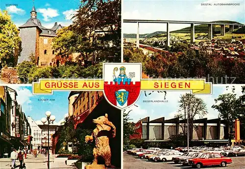 AK / Ansichtskarte Siegen_Westfalen Schloss Siegtal Autobahnbruecke Koelner Tor Altstadt Siegerlandhalle Wappen Siegen_Westfalen