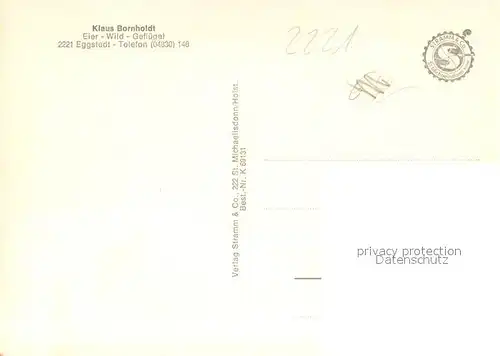 AK / Ansichtskarte Eggstedt_Dithmarschen Fotomontage mit Reh Hase Ente Wild und Gefluegelverkauf Klaus Bornholdt Eggstedt_Dithmarschen