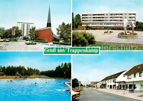 AK / Ansichtskarte Trappenkamp Kirche Geschaeftshaus Schwimmbad Strassenpartie Trappenkamp