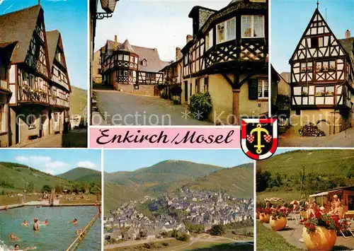 AK / Ansichtskarte Enkirch_Mosel mit Fachwerkhaeusern und Schwimmbad Panorama Enkirch Mosel